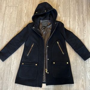 J. Crew Black Wool Coat - removable fur hood - size 4